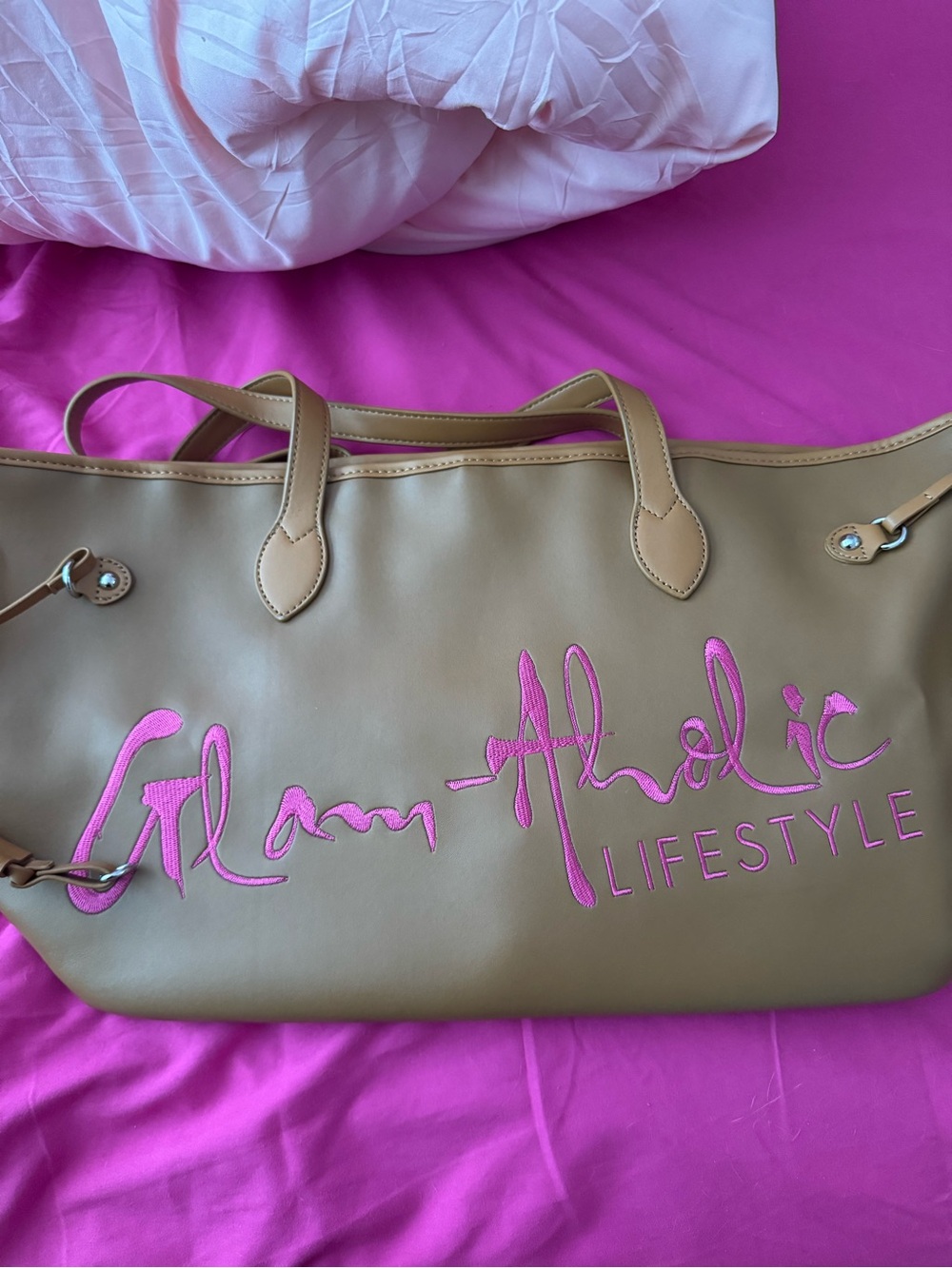 Glam-Aholic Lifestyle Tote Bag in Tan with Pink Embroidery